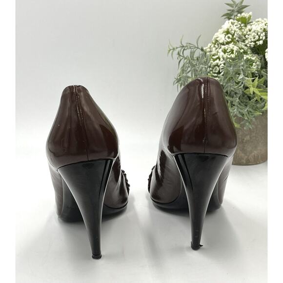 Burberry Brown Patent Leather Ruffle Detail Embellishment Cone Heels Sz 8-8.5/39 - Picture 3 of 15